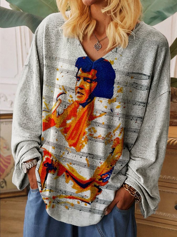 Women's Sheet Music Loose Casual Printed Long Sleeve Sweatshirt