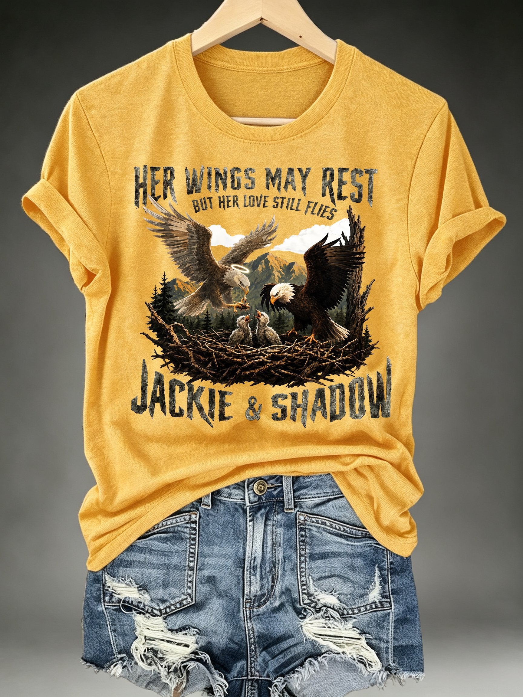 Women's HER WINGS MAY REST Print Crew-Neck T-Shirt