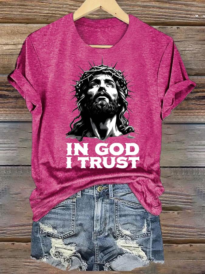 Women's In God I Trust Christian T-Shirt, Retro Jesus Portrait Graphic Tee, Faith Based Religious Shirt