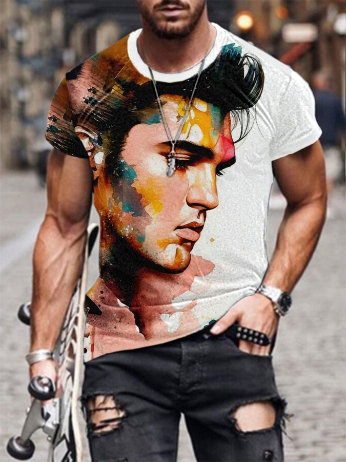 Men's the King of Rock and Roll Watercolor Print Casual T-Shirt
