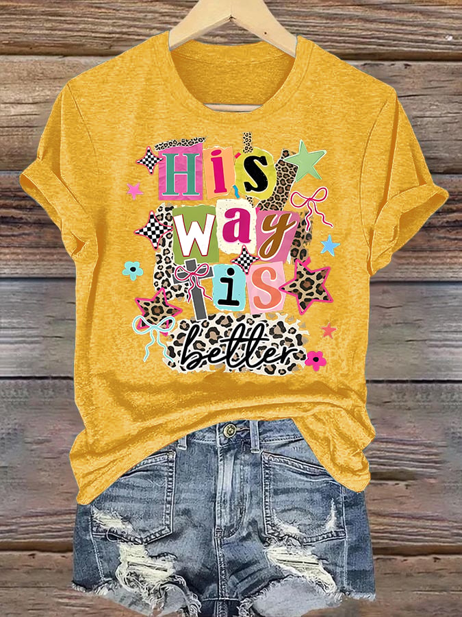 Women's His Way Is Better Faith T-Shirt, Leopard Print Christian Women Graphic Tee, Cute Religious Casual Everyday Shirt