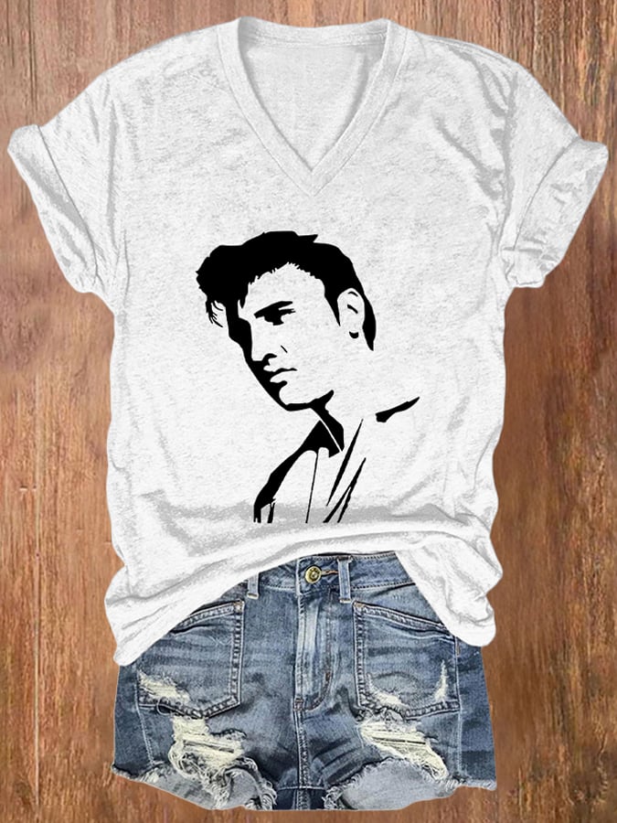 V-neck Retro King Of Rock Roll Print T-Shirt