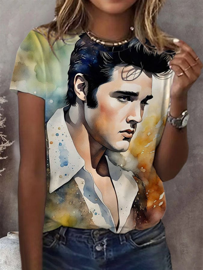Women's Retro King Of Rock Roll Printed Short-Sleeved T-Shirt