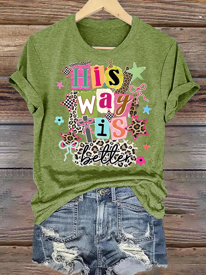 Women's His Way Is Better Faith T-Shirt, Leopard Print Christian Women Graphic Tee, Cute Religious Casual Everyday Shirt