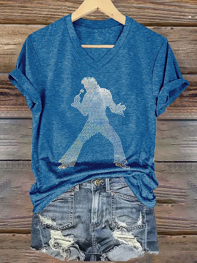 V-neck Retro King Of Rock Roll Print T-Shirt