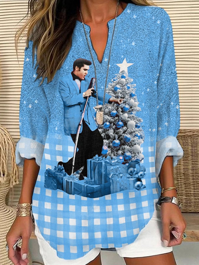 Women's Plaid Gradient Print Linen Blend Cozy Shirt