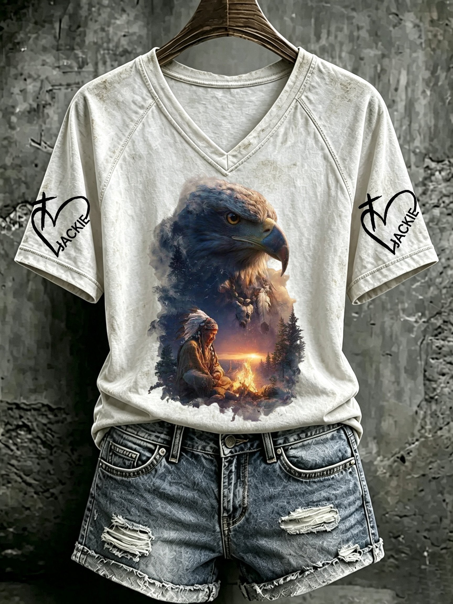 Women's Retro Fly Free Jackie Print V Neck T-Shirt