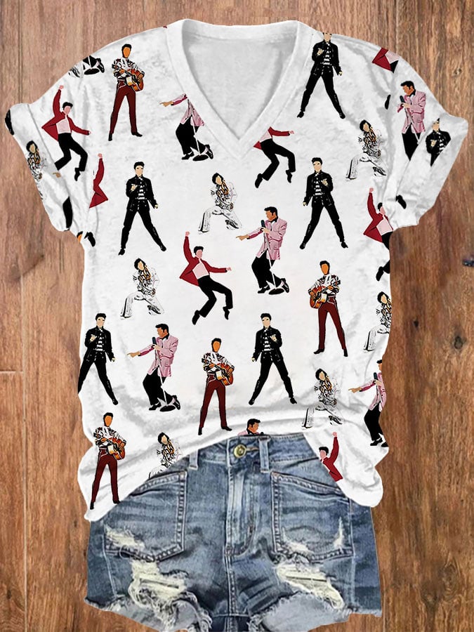 Women's rock singer printed V-neck T-shirt
