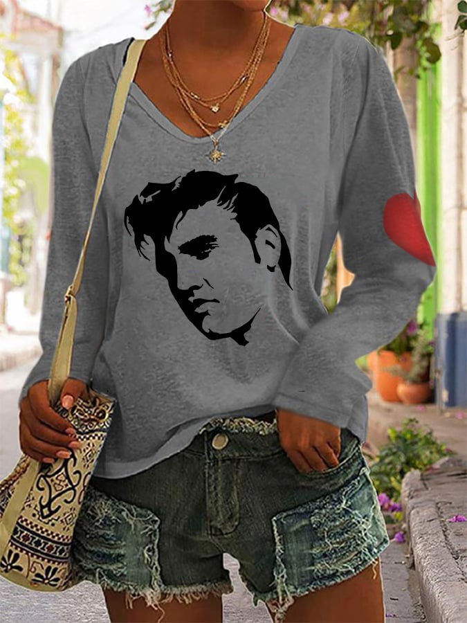Women's Silhouette Print Casual V-Neck Long Sleeve T-Shirt