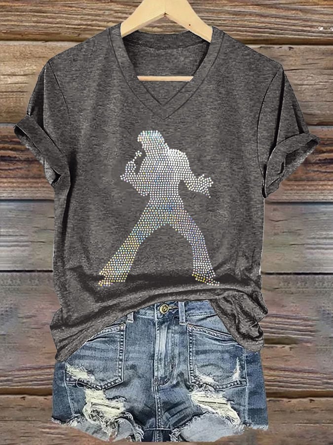 V-neck Retro King Of Rock Roll Print T-Shirt