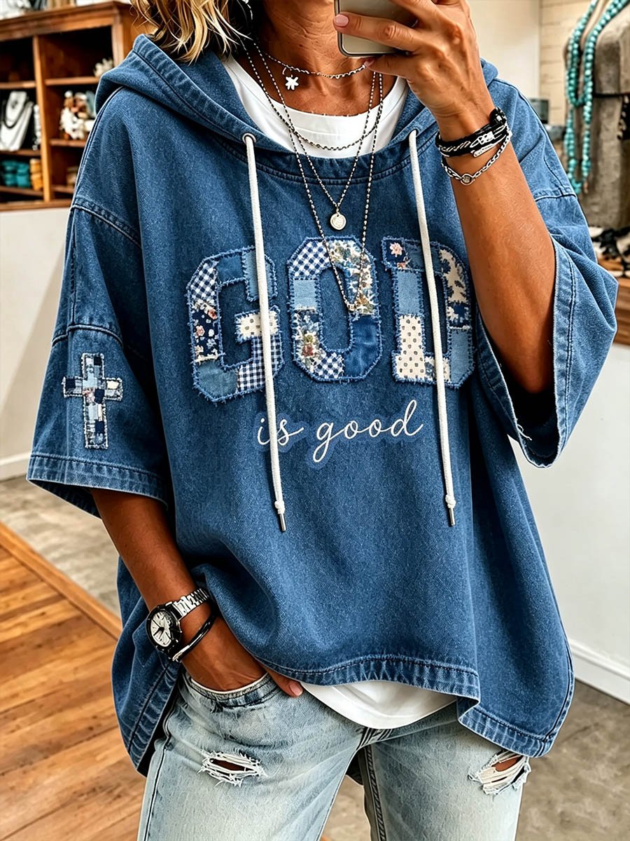 Women's God is Good Retro Plaid Appliqué Short-Sleeve Hoodie
