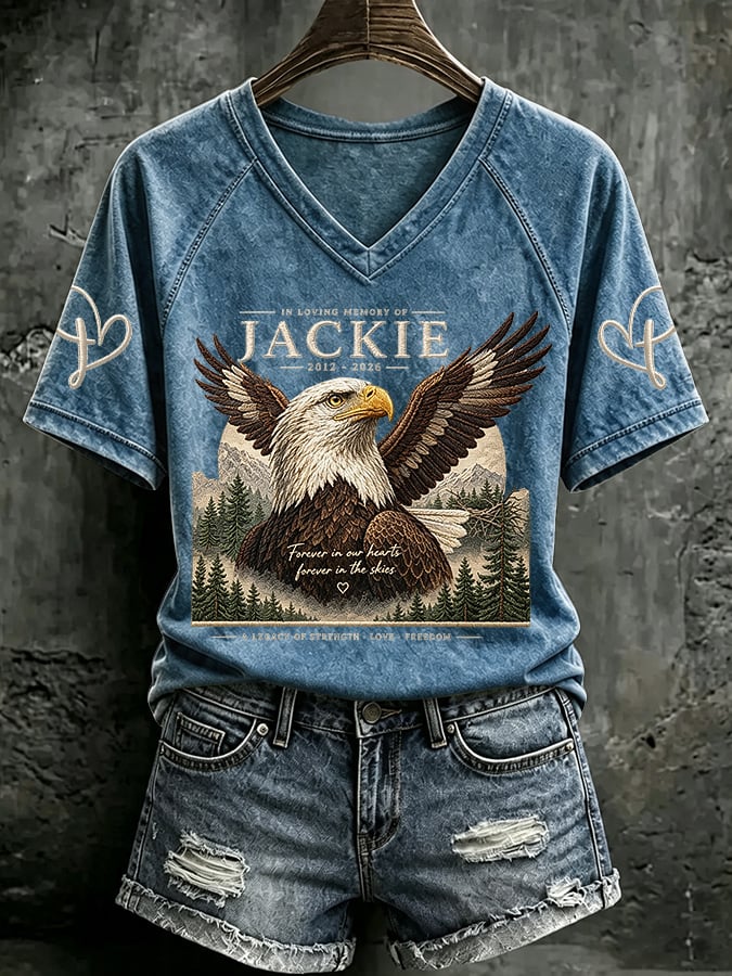 V Neck Retro In Loving Memory Of Jackie 2012-2026 Forever In Our Hearts Forever In The Skies A Legacy Of Strength Love Freedom Print T-Shirt