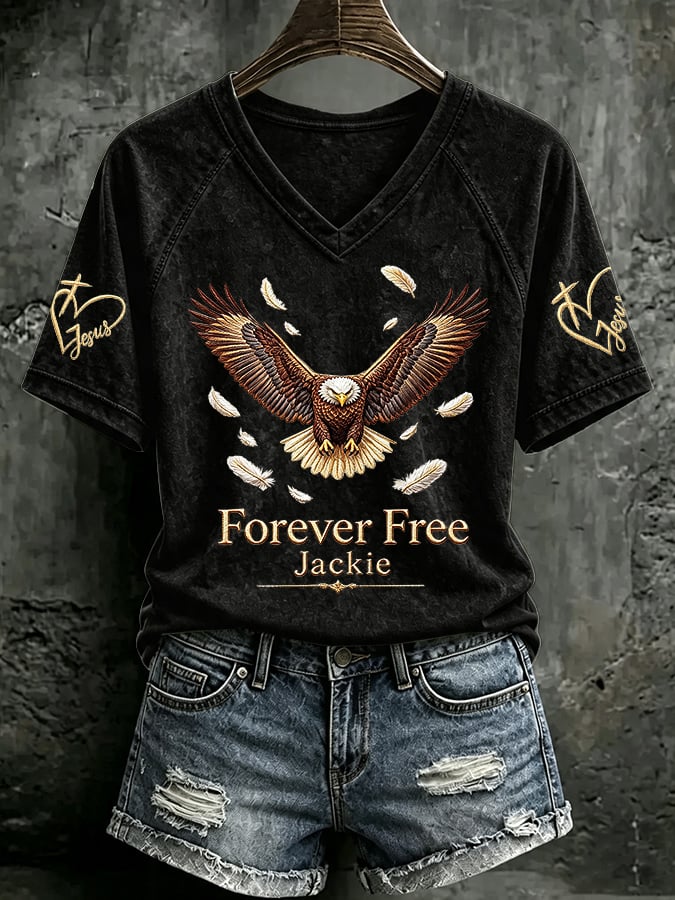 V Neck Retro Forever Free Jackie Print T-Shirt