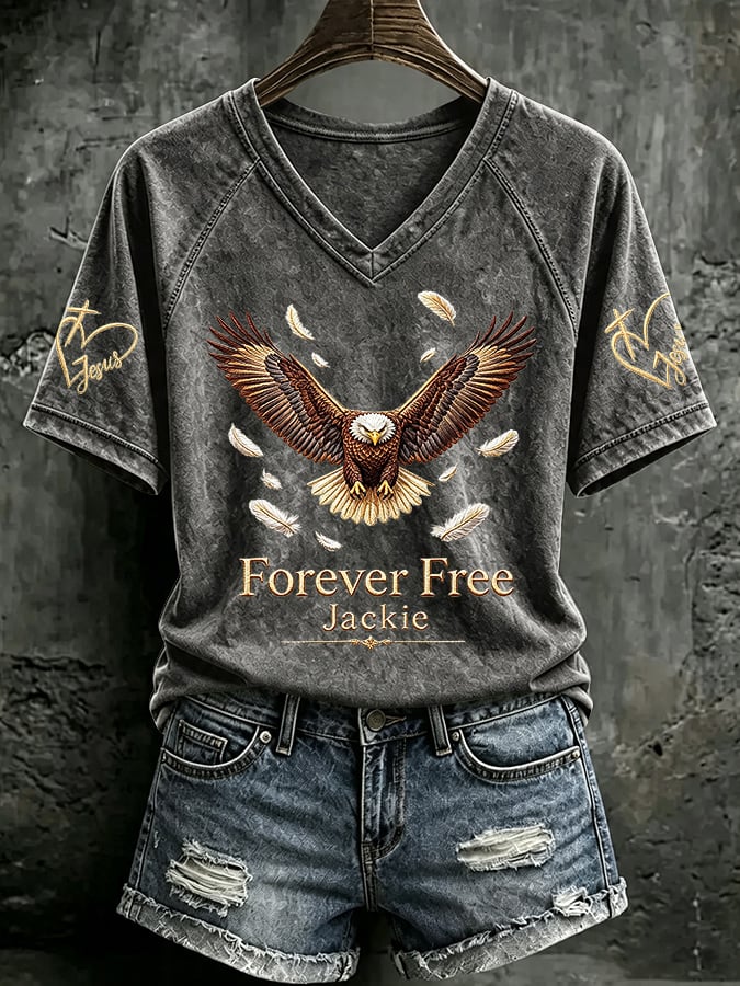 V Neck Retro Forever Free Jackie Print T-Shirt