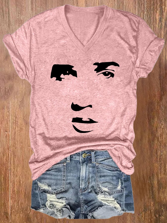 V-neck Retro King Of Rock Roll Print T-Shirt