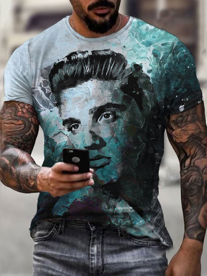 Men's the King of Rock and Roll Watercolor Print Casual T-Shirt