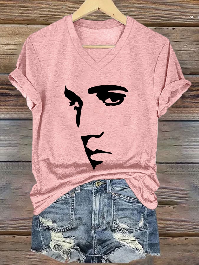 V-neck Retro King Of Rock Roll Print T-Shirt