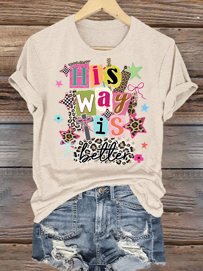 Women's His Way Is Better Faith T-Shirt, Leopard Print Christian Women Graphic Tee, Cute Religious Casual Everyday Shirt