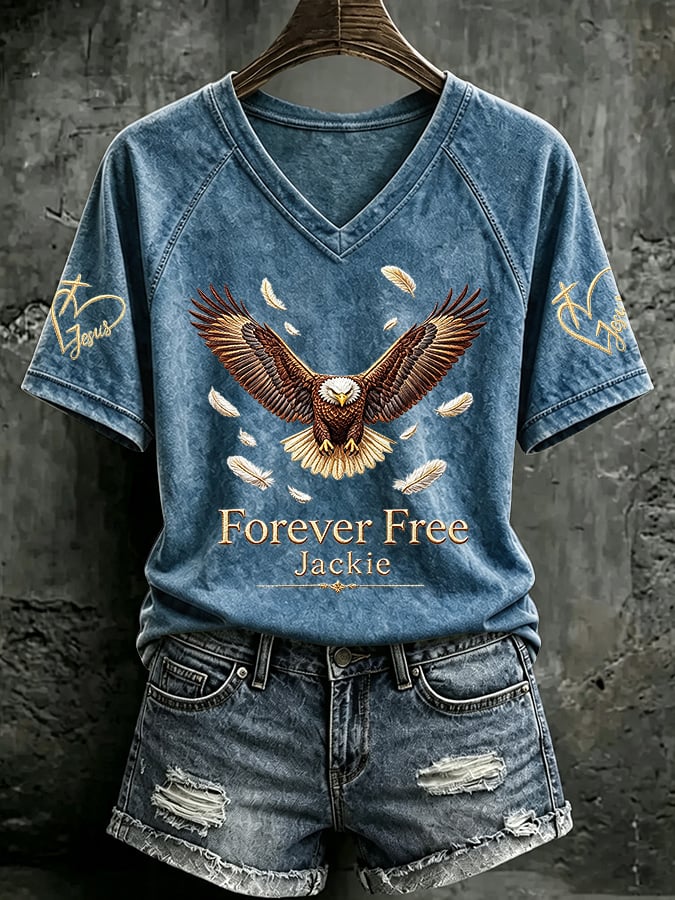 V Neck Retro Forever Free Jackie Print T-Shirt