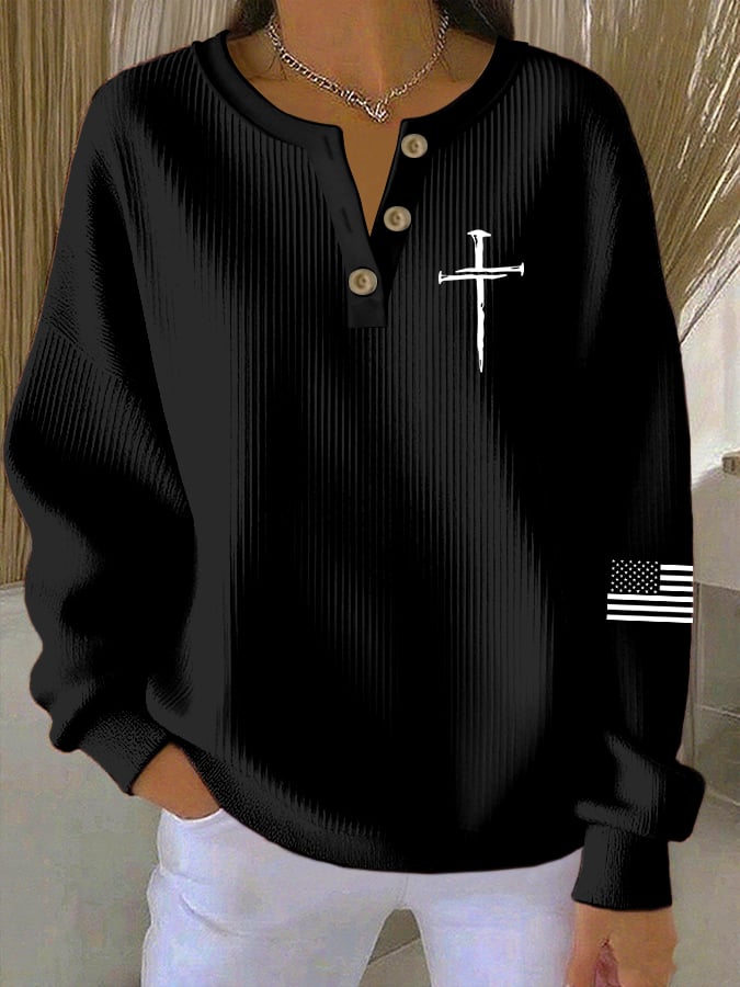 Women's Vintage Faith Cross Print Knitted Crew Neck Long Sleeve Top