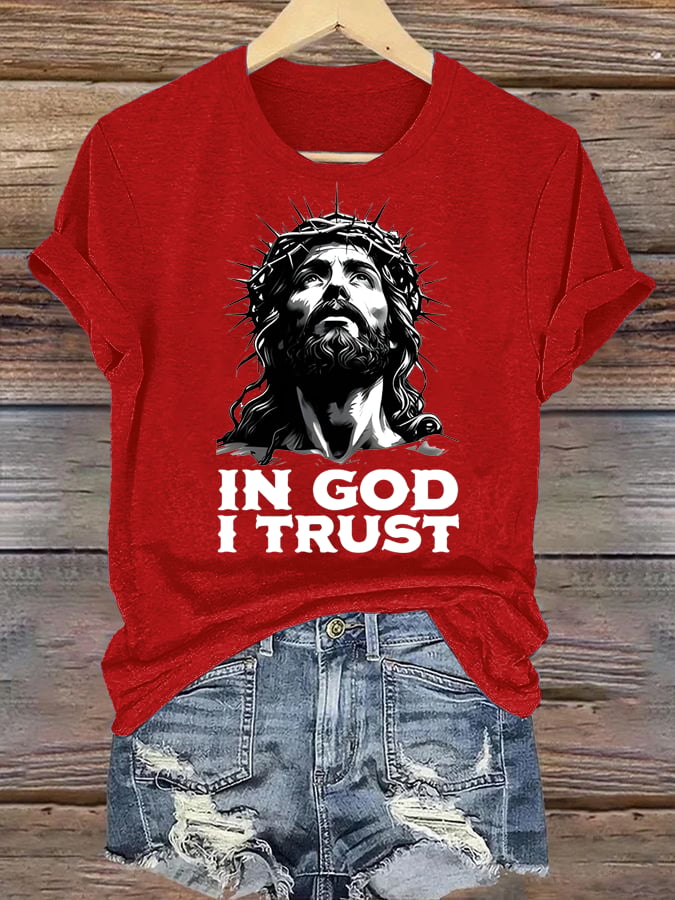 Women's In God I Trust Christian T-Shirt, Retro Jesus Portrait Graphic Tee, Faith Based Religious Shirt