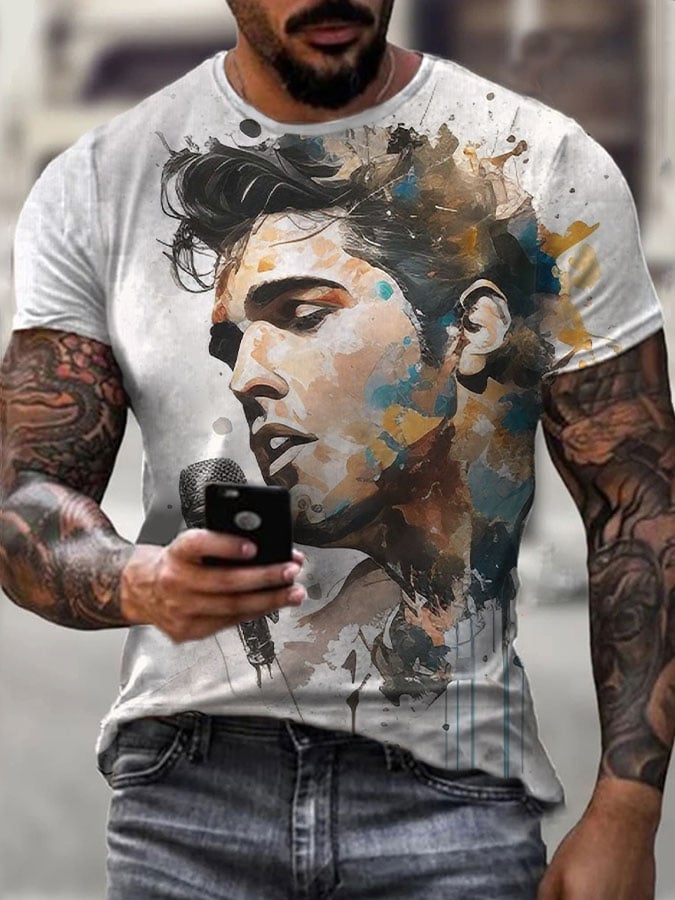 Men's the King of Rock and Roll Watercolor Print Casual T-Shirt