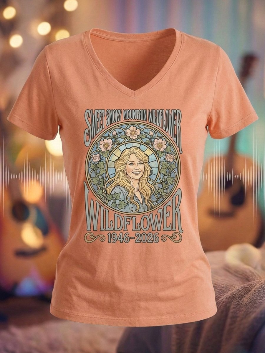 Women's Dolly Parton Tribute Print V-Neck Short-Sleeve T-Shirt