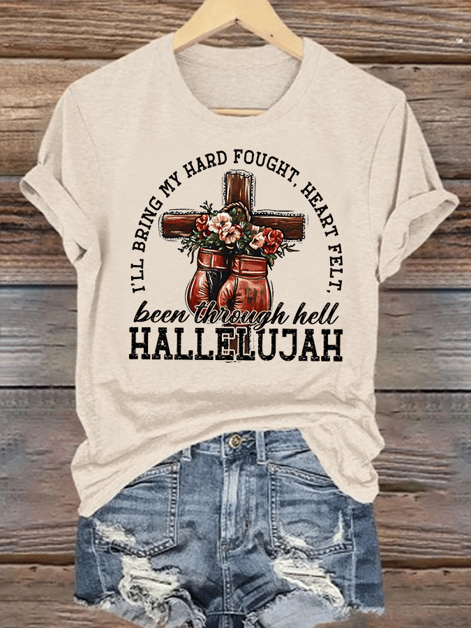 Women's I'll Bring My Hard Fought Hallelujah Christian Cross Boxing Gloves T-Shirt