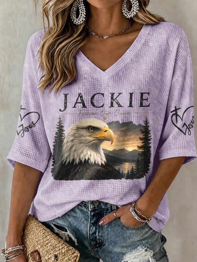 V-Neck Retro Jackie Forever Our Queen Print T-Shirt