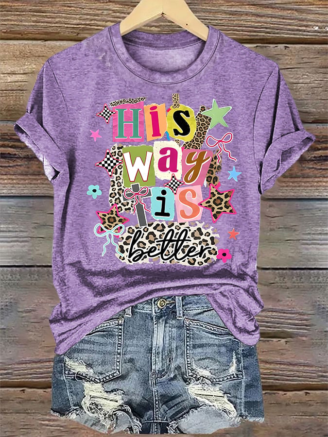 Women's His Way Is Better Faith T-Shirt, Leopard Print Christian Women Graphic Tee, Cute Religious Casual Everyday Shirt