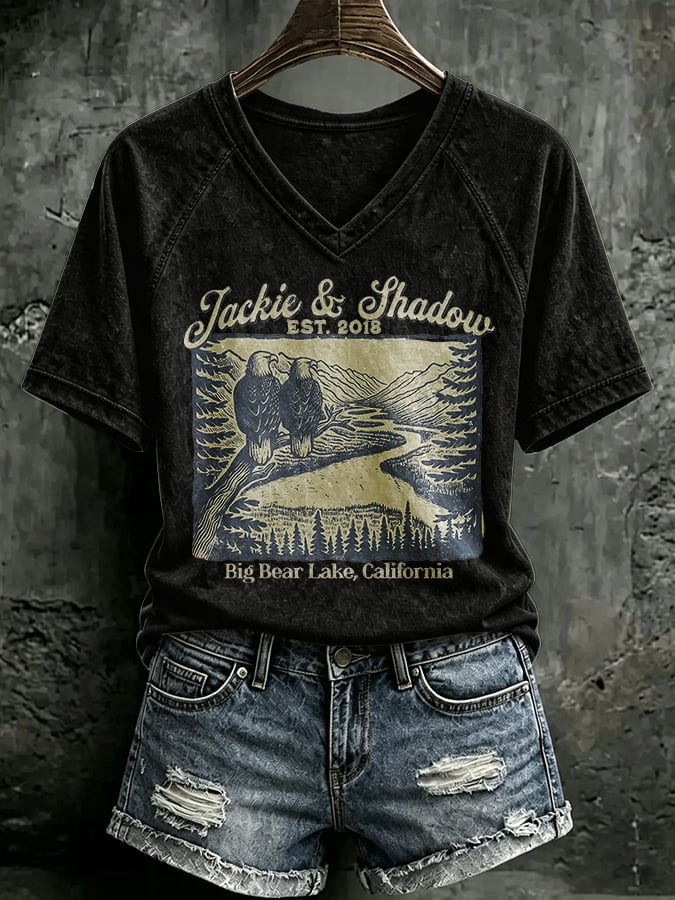 V Neck Retro Jackie & Shadow Est. 2018 Big Bear Lake, California Print T-Shirt