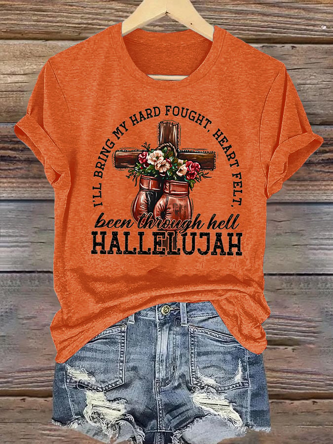 Women's I'll Bring My Hard Fought Hallelujah Christian Cross Boxing Gloves T-Shirt