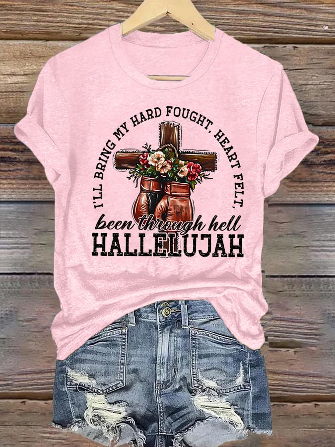 Women's I'll Bring My Hard Fought Hallelujah Christian Cross Boxing Gloves T-Shirt
