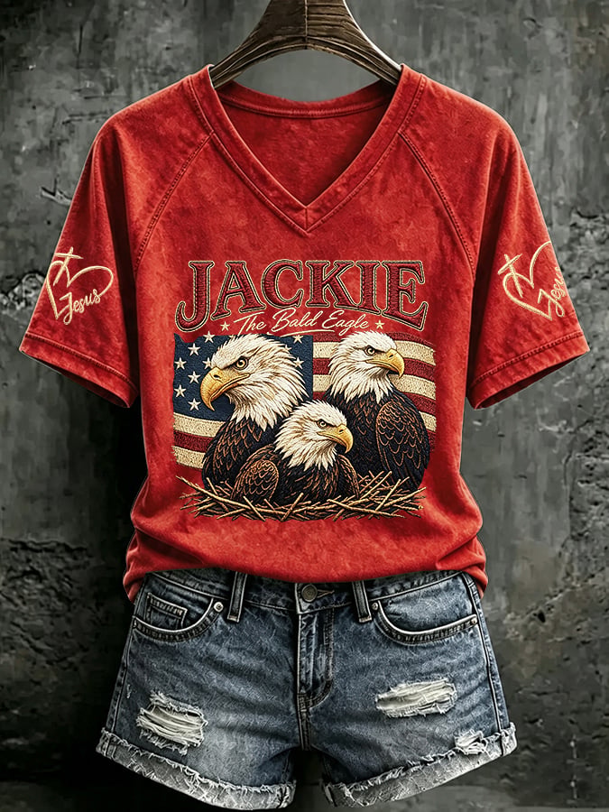 V Neck Retro Jackie The Bald Eagle Print T-Shirt