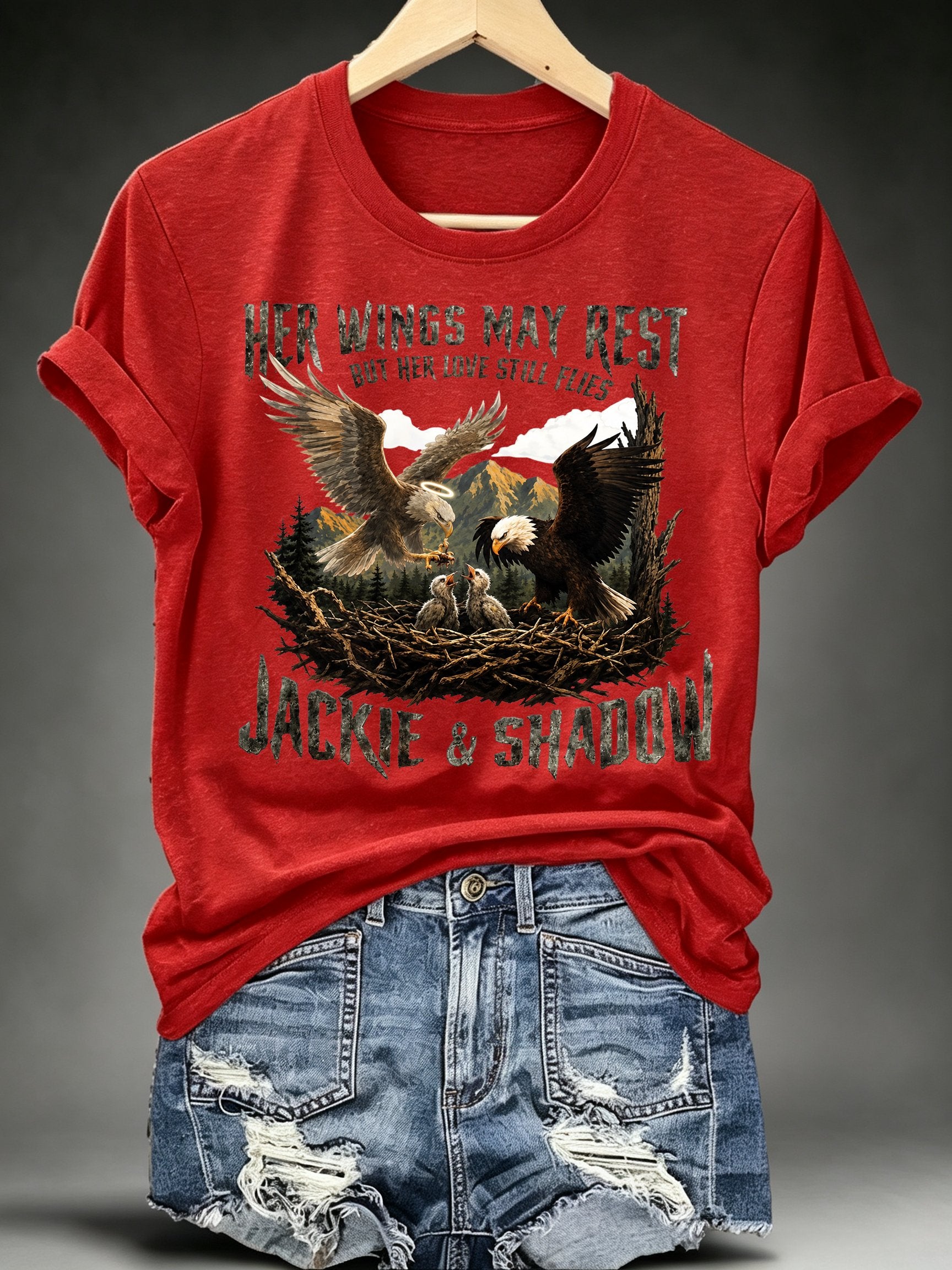 Women's HER WINGS MAY REST Print Crew-Neck T-Shirt