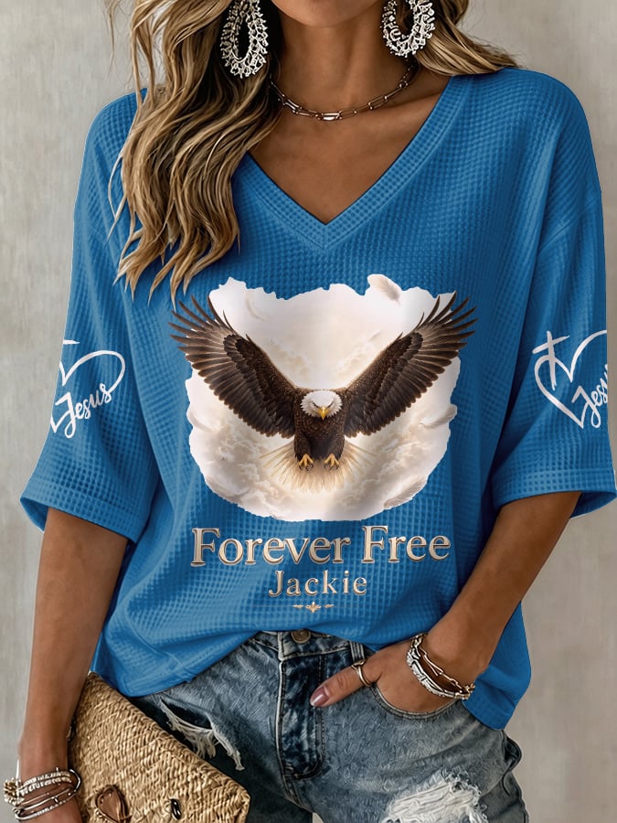 V-Neck Retro Forever Free Jackie Print T-Shirt