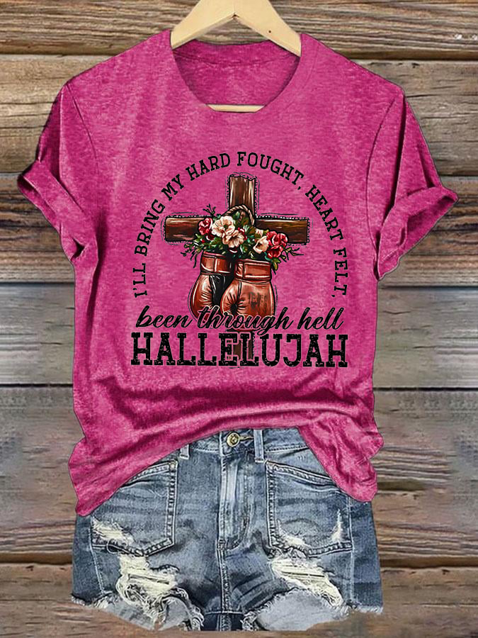 Women's I'll Bring My Hard Fought Hallelujah Christian Cross Boxing Gloves T-Shirt