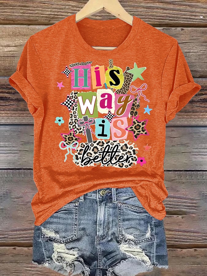 Women's His Way Is Better Faith T-Shirt, Leopard Print Christian Women Graphic Tee, Cute Religious Casual Everyday Shirt