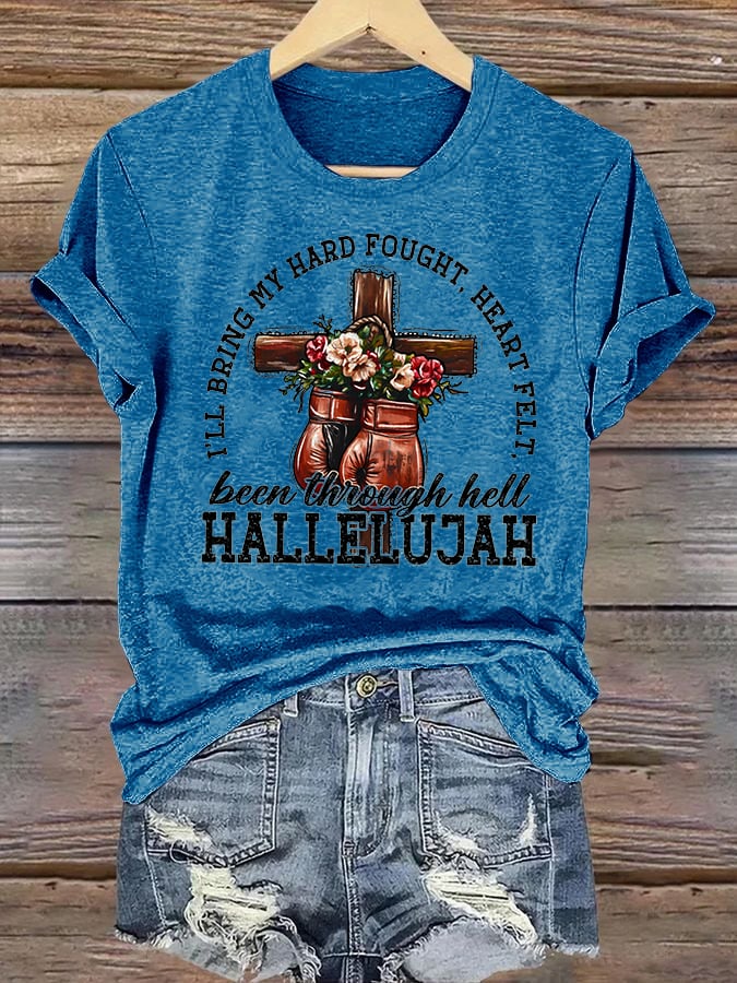 Women's I'll Bring My Hard Fought Hallelujah Christian Cross Boxing Gloves T-Shirt