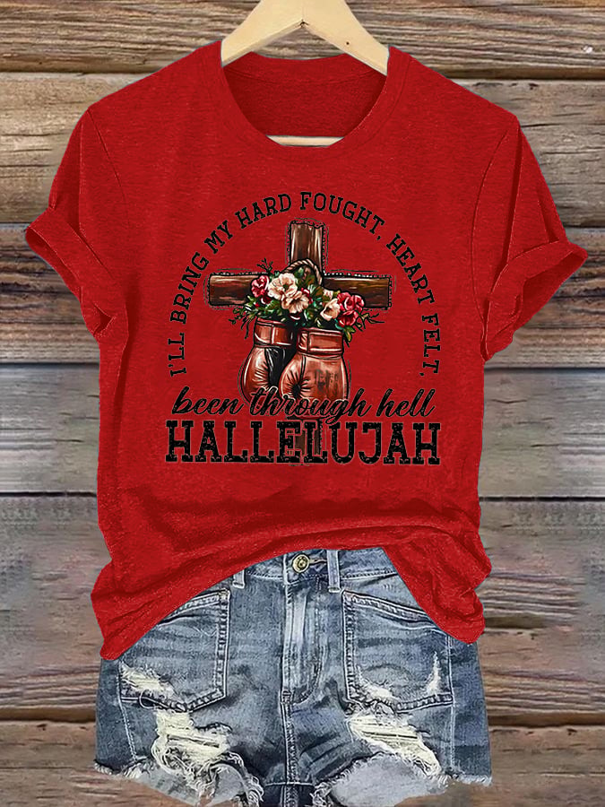 Women's I'll Bring My Hard Fought Hallelujah Christian Cross Boxing Gloves T-Shirt