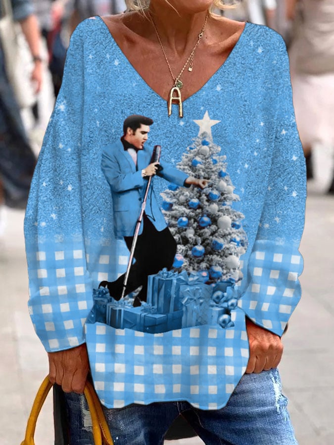 Women's Plaid Gradient Print V-Neck T-Shirt