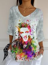 Women's Retro King Of Rock Roll Print Mid Sleeve T-Shirt