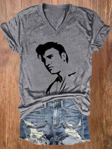V-neck Retro King Of Rock Roll Print T-Shirt
