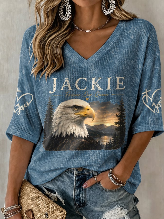 V-Neck Retro Jackie Forever Our Queen Print T-Shirt