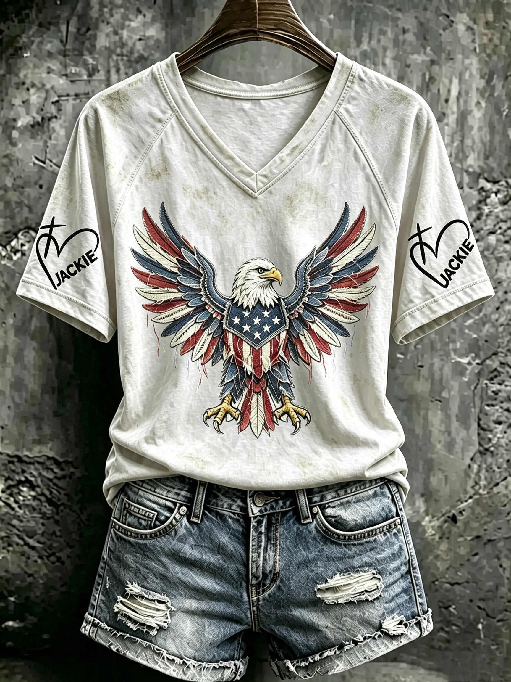 Women's V Neck Retro Fly Free Jackie Print T-Shirt