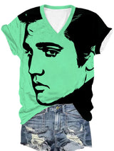Women's Retro Music Star Print V-Neck T-Shirt
