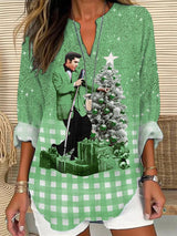 Women's Plaid Gradient Print Linen Blend Cozy Shirt