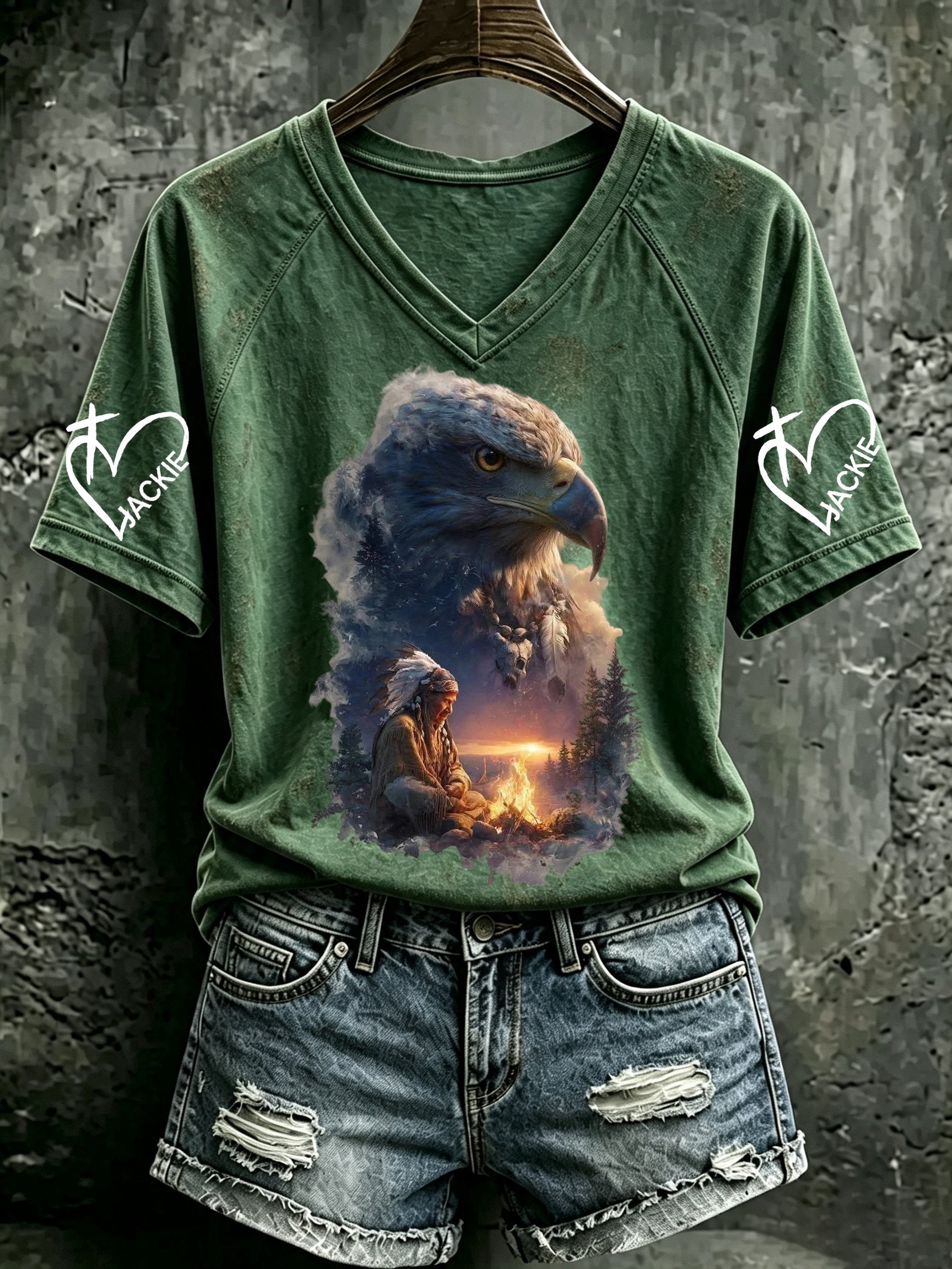 Women's Retro Fly Free Jackie Print V Neck T-Shirt