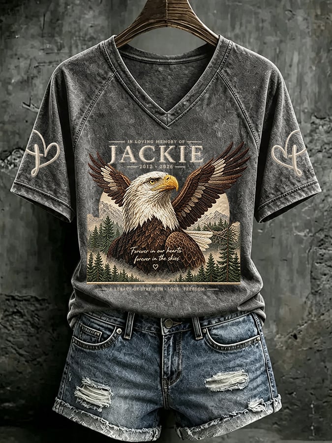 V Neck Retro In Loving Memory Of Jackie 2012-2026 Forever In Our Hearts Forever In The Skies A Legacy Of Strength Love Freedom Print T-Shirt