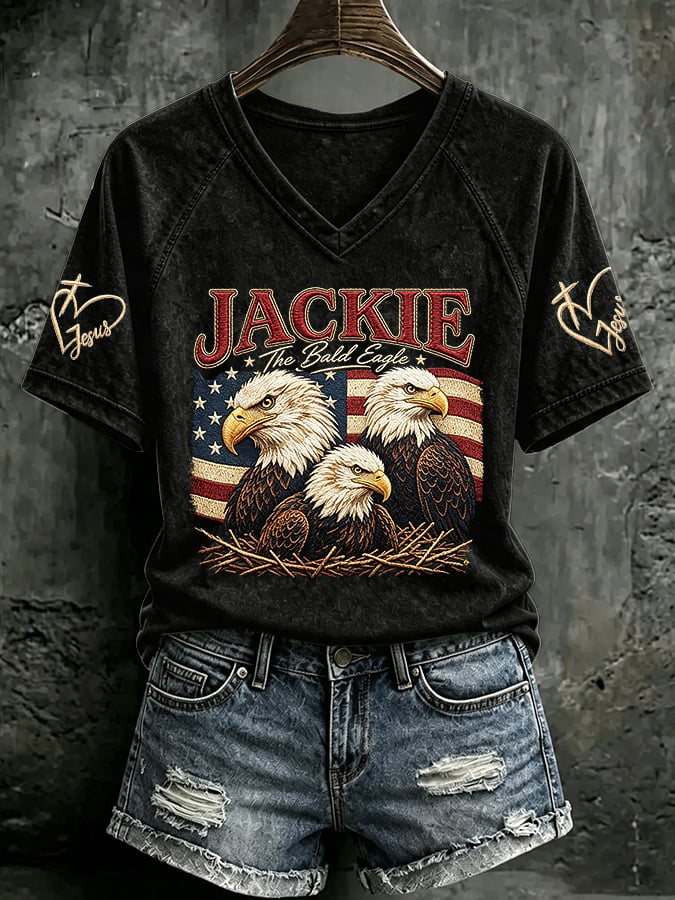 V Neck Retro Jackie The Bald Eagle Print T-Shirt